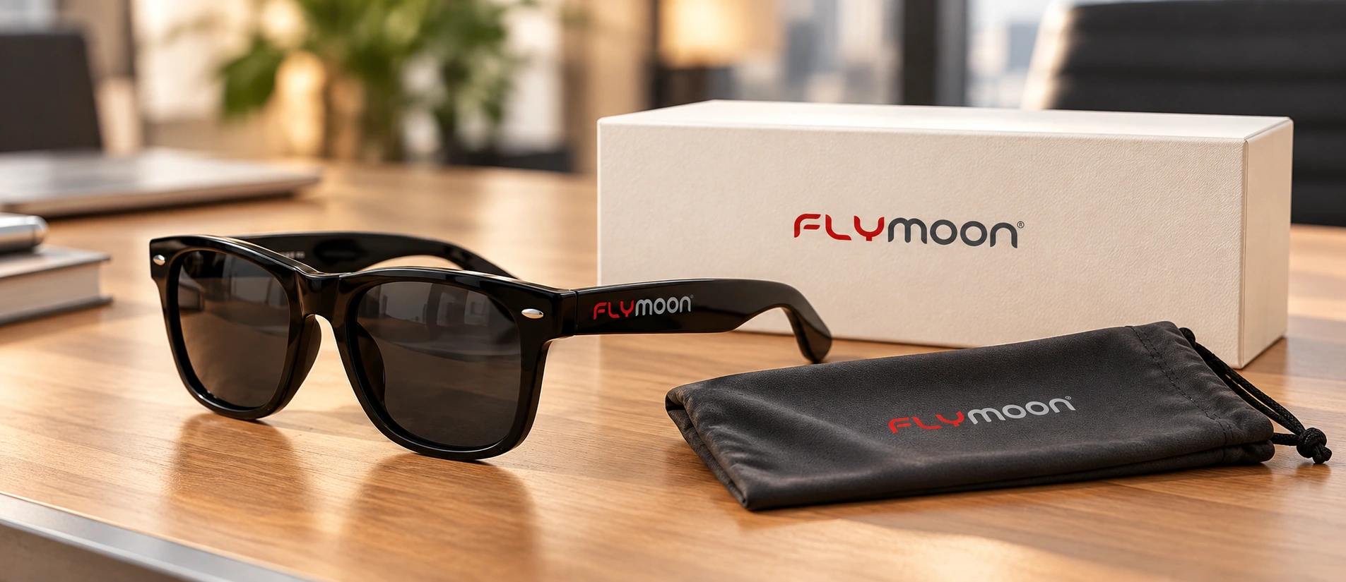 FLYMOON sunglasses, branded gift box and pouch on a warm office tabletop