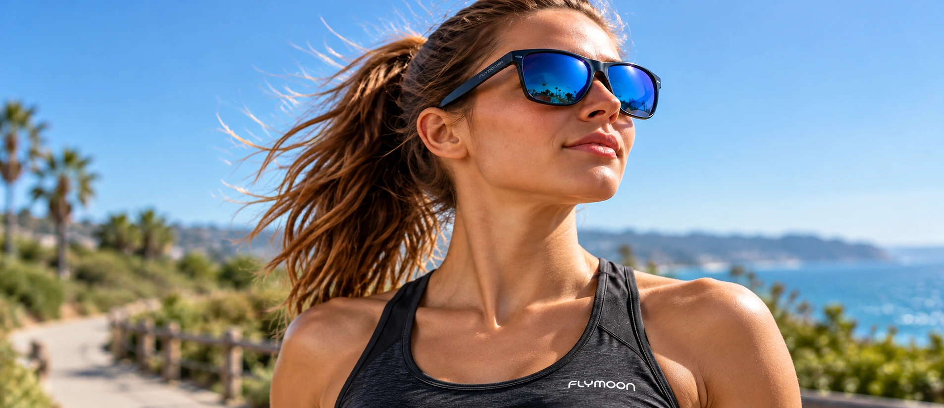 Outdoor eyewear campaign featuring blue mirrored sunglasses and FLYMOON branding on sportswear