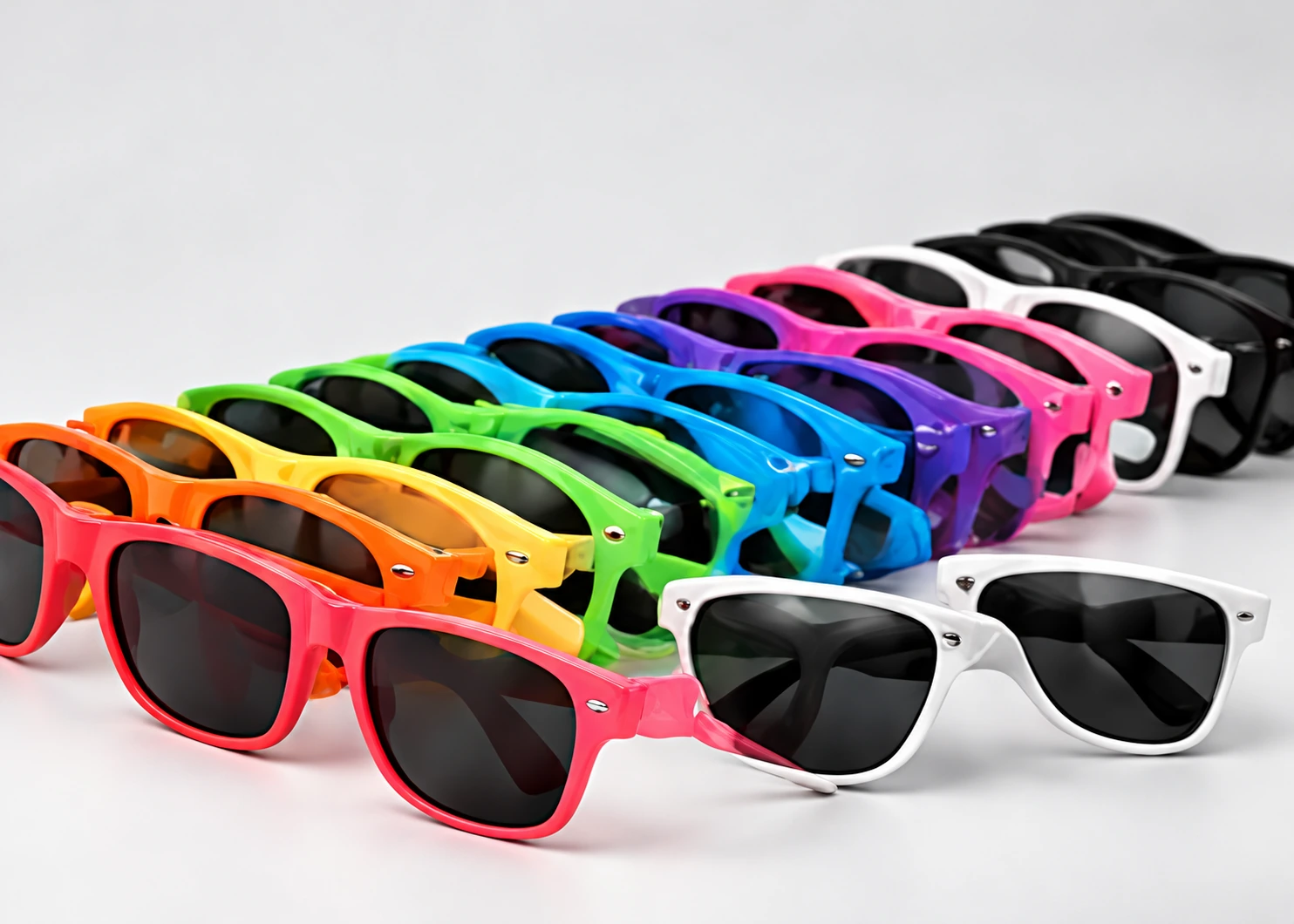 Colorful square promotional sunglasses arranged in rows
