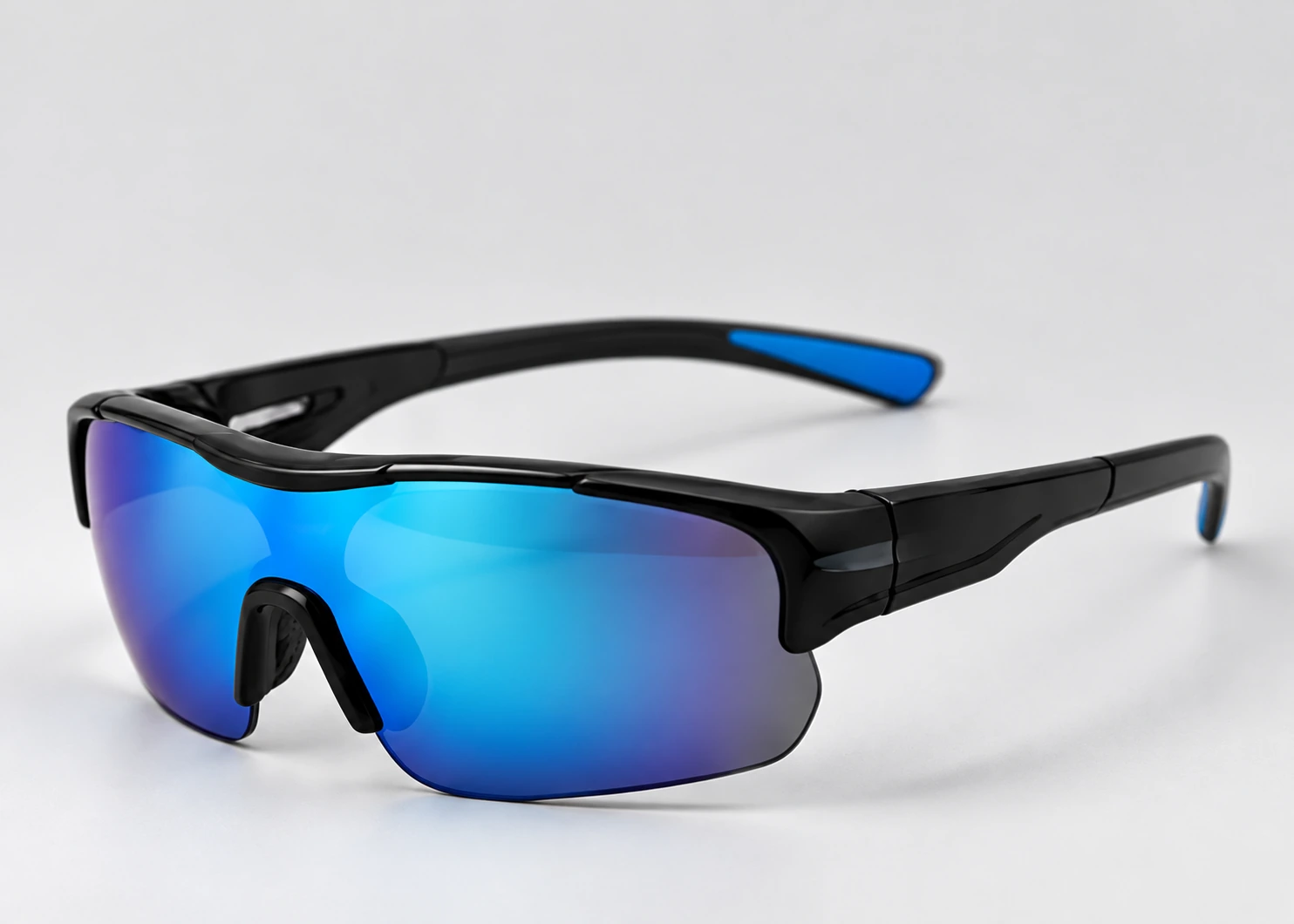 Black sports sunglasses with blue mirrored lenses and blue temples