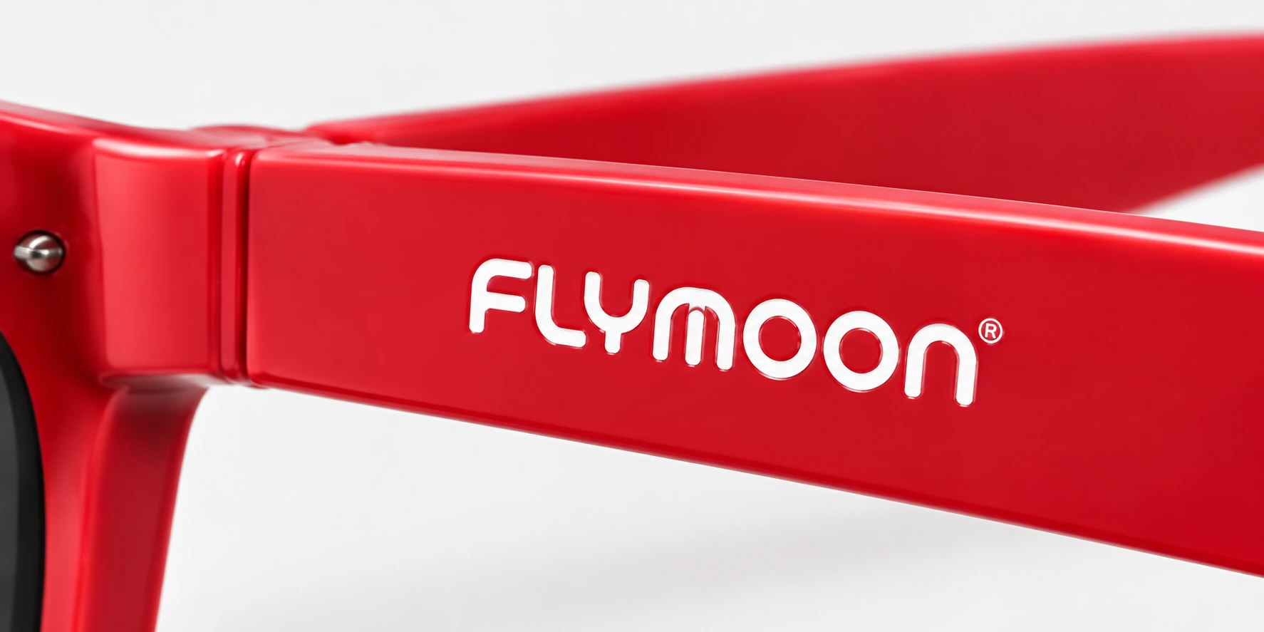 White FLYMOON sample logo printed on a red sunglasses temple