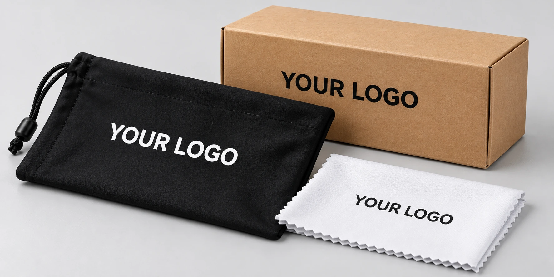 Black branded pouch, kraft box and white cleaning cloth